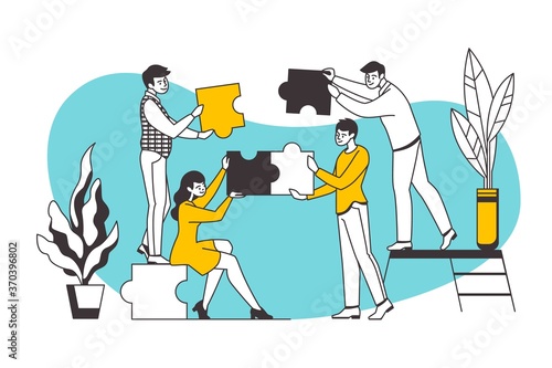 Puzzle concept. Teamwork and business partnership metaphor with cartoon workers holding puzzle elements. Vector image creative building cooperation concepts