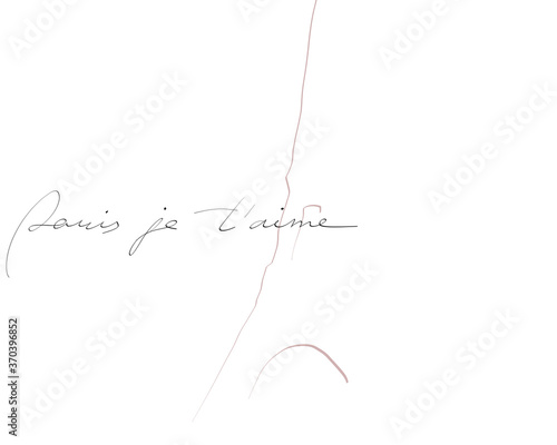 Paris I love you in french. Handwritten phrase, hand drawn silhouette of Eiffel tower. Vector