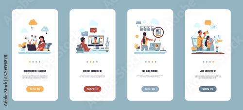 Recruitment onboarding app. Hiring employee and human resources concept. Vector illustrations mobile screen app for online job interview and vacancies