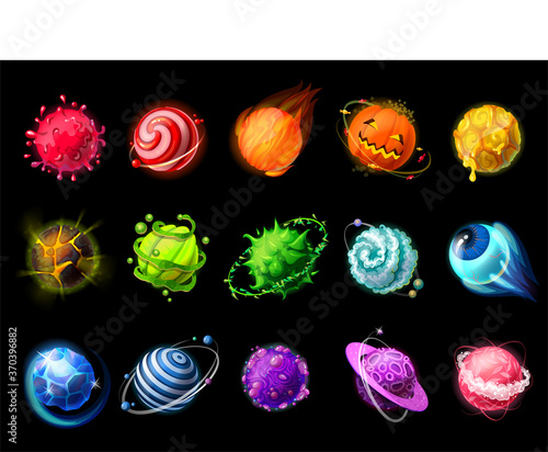 Cartoon planets. Space fantasy color asteroids, meteors, ice comets, lava and gas planets. Vector set illustration of isolated imaginary detailed astronomy objects on dark background