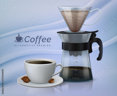 Realistic coffee. Glass container with paper filter and coffee, metal teapot and cup. Vector isolated illustration set of alternative coffee brewing