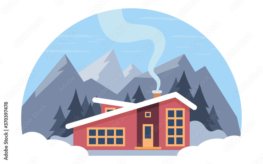 Winter mountain landscape with big house for tourists. Winter holidays in the mountains, ski resorts, house rentals. Vector flat illustration. Winter mountain landscape with big house for tourists. Winter holidays in the mountains, ski resorts, house rentals. Vector flat illustration.