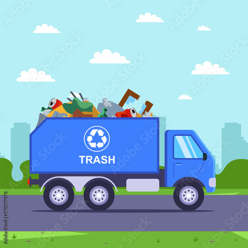 garbage removal by truck from the city to the landfill. flat vector illustration.