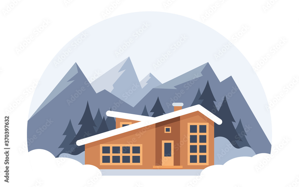 Winter mountain landscape with big house for tourists. Winter holidays in the mountains, ski resorts, house rentals. Vector flat illustration. Winter mountain landscape with big house for tourists. Winter holidays in the mountains, ski resorts, house rentals. Vector flat illustration.