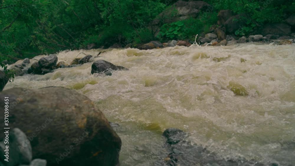 Fast river near green shore. Rapid clean stream flowing on stones near coast with green plants in countryside Fast river near green shore. Rapid clean stream flowing on stones near coast with green plants in countryside