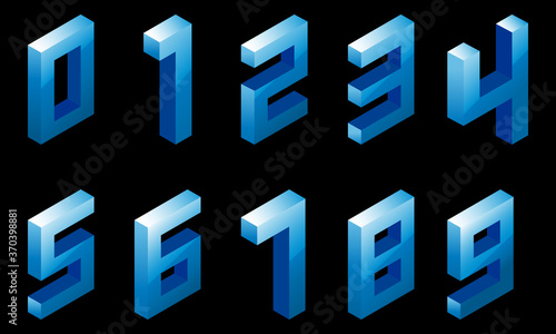 Set of gradient blue numbers in isometric style. Isolated on black background. Water texture