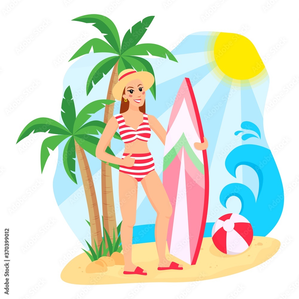 Modern concept of a summer beach. Girl surfer on the beach in a hat resting. Summer elements palm trees, ball, beach, sun, sea, sand.