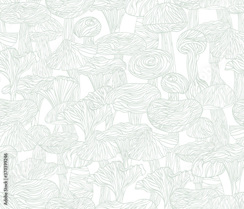 Lineart mushrooms seamless pattern  fungi graphic background  vector