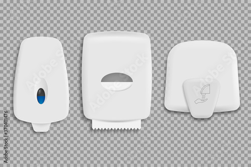 Set of dispensers paper towel, dispensers soap and hand dryer. Vector illustration.