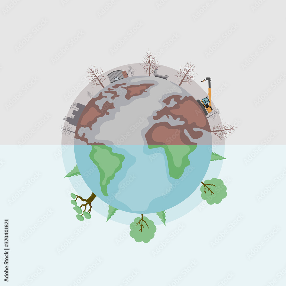 Naklejka premium Vector design of earth divided into polluted and green