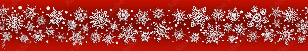Christmas seamless banner of paper snowflakes with soft shadows on red background. With horizontal repetition Christmas seamless banner of paper snowflakes with soft shadows on red background. With horizontal repetition