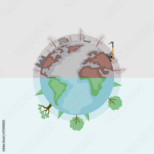 Vector design of earth divided into polluted and green