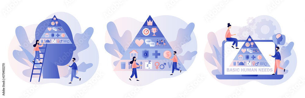 Basic human needs. Maslow hierarchy pyramid.Tiny people and triangle pyramid with physiological, safety, belonging love social esteem and self actualization levels structure scheme.Vector illustration Basic human needs. Maslow hierarchy pyramid.Tiny people and triangle pyramid with physiological, safety, belonging love social esteem and self actualization levels structure scheme.Vector illustration