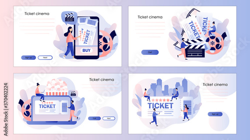 Movie tickets online sale. Tiny people buy tickets. Screen template for mobile smart phone, landing page, template, ui, web, mobile app, poster, banner, flyer. Modern flat cartoon style. Vector