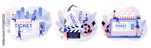 Movie tickets online sale. Tiny people buy tickets on the internet. Online cinema. Mobile movie theater. Cinematography. Modern flat cartoon style. Vector illustration on white background