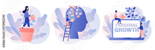 Personal growth concept. Metaphor growth personality as plant. Tiny people that self-improvement, self development, professional growth. Modern flat cartoon style. Vector illustration 