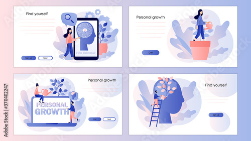 Personal growth, self-improvement, self development. Screen template for mobile smart phone, landing page, template, ui, web, mobile app, poster, banner, flyer. Modern flat cartoon style. Vector