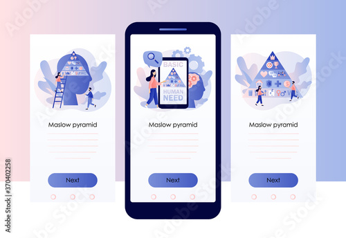 Basic human needs. Maslow hierarchy pyramid. Tiny people and triangle pyramid with self actualization levels structure scheme. Screen template for mobile smart phone. Modern flat cartoon style. Vector