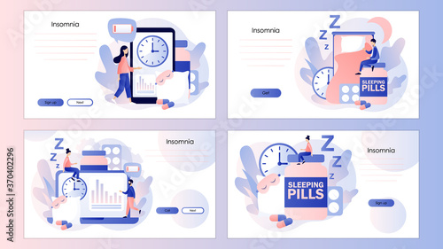 Tiny people suffers from insomnia. Sleep control. Screen template for mobile smart phone, landing page, template, ui, web, mobile app, poster, banner, flyer. Modern flat cartoon style. Vector 