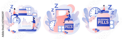 Tiny people suffers from insomnia in bedroom surrounded by alarm clock, sleeping pills, mask. Sleep control. Stress, depression and sleeping problems. Modern flat cartoon style. Vector illustration