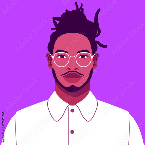 Portrait of a handsome male office worker. Confident young man in business attire with glasses. Happy African student smiling. Social network profile avatar. Contemporary flat design.