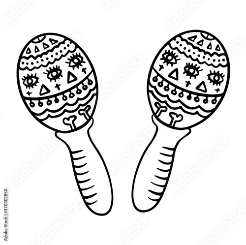 Cute kawaii for the day of death maracas isolated on white background. Doodle art outline. Print for banners, coloring page, packaging, invitation, wrapping paper, textiles