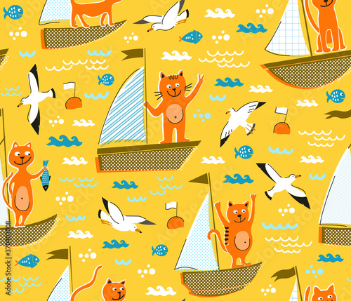 Canvas Print Cats in regatta, nursery animal background, vector kids sport backdrop