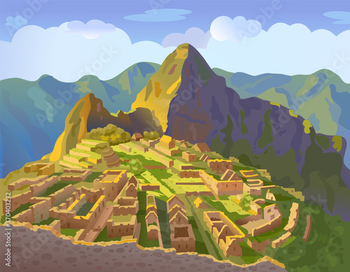 Machu Picchu in Peru. Historical landmark. City of the world countries vacation travel landmarks. South America. Vector illustration