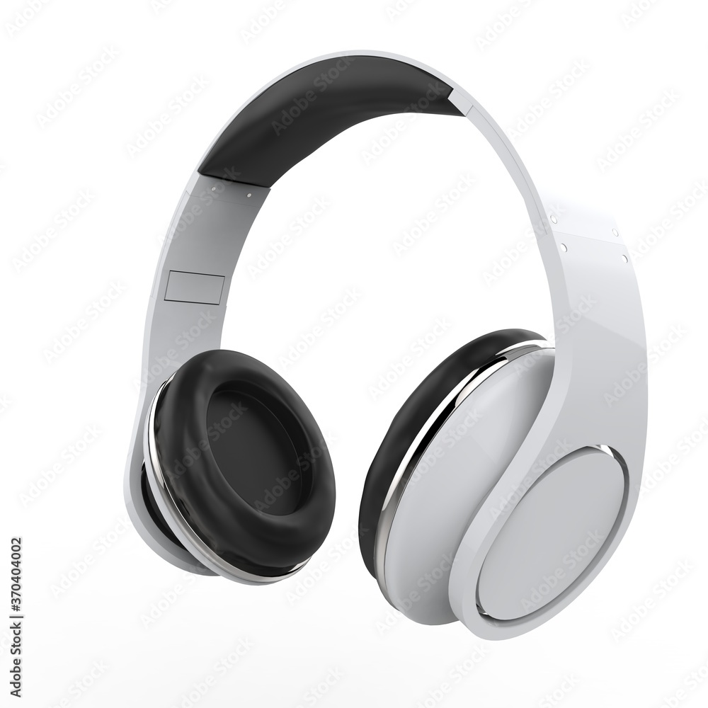 Modern white wireless headphones with silver platinum details - closeup shot Modern white wireless headphones with silver platinum details - closeup shot