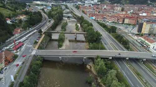 Bridge and river in Mieres,Asturias,Spain. Aerial Drone Footage photo