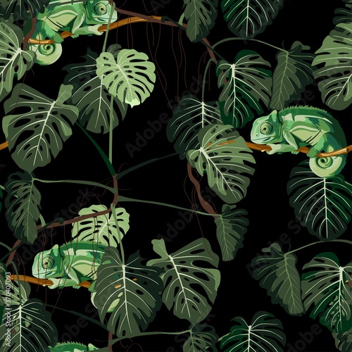 Seamless pattern with monstera tree with liana and leaves and green Chameleon. Illustration on dark background.