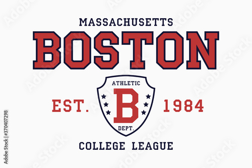 Boston, Massachusetts slogan typography graphics for t-shirt. College print for apparel. Tee shirt design with shield. Vector illustration.