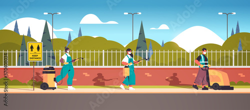 mix race cleaners in masks disinfecting coronavirus cells to prevent covid-19 pandemic cleaning service disinfection concept urban park landscape background horizontal full length vector illustration