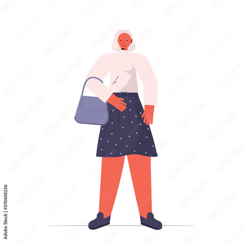 old woman in casual trendy clothes senior female cartoon character standing pose gray haired grandmother full length vector illustration