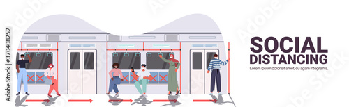 mix race subway passengers in protective masks keeping distance to prevent coronavirus in public transport social distancing concept subway train interior copy space vector illustration