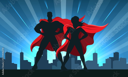 Superhero Couple Silhouette with City Skyline Background
