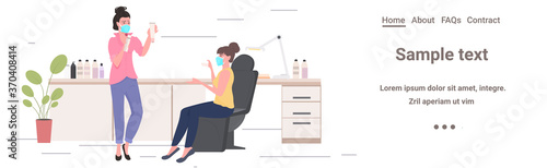 makeup artist working with beautiful young woman in mask keeping distance to prevent coronavirus pandemic beauty salon interior horizontal full length vector illustration