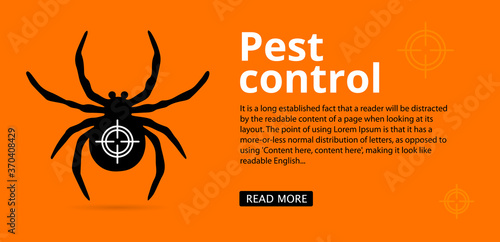 Pest control web banner with text space. silhouette of a spider on an orange background. leaflet with information spider control, treatment of premises. Vector, illustration