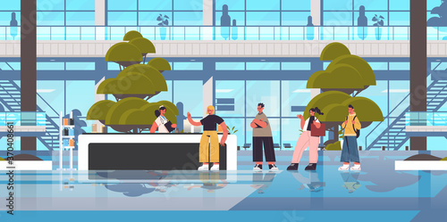 patients standing line queue at reception counter with receptionist healthcare medicine concept hospital building exterior horizontal full length vector illustration