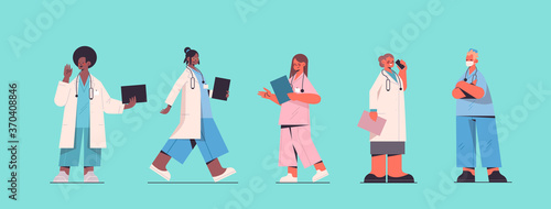 set male female doctors in uniform mix race medical workers collection healthcare medicine concept horizontal full length vector illustration