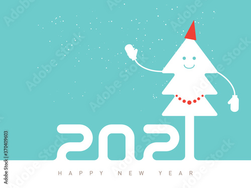 Happy New Year 2021. Poster Design with dressy smiling Christmas tree. Holiday background.