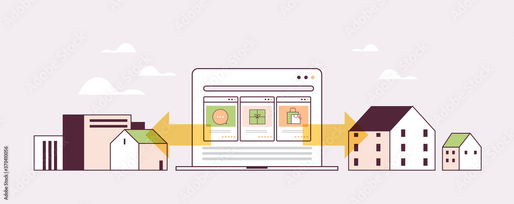 laptop screen with online shopping icons e-commerce smart purchasing concept horizontal vector illustration laptop screen with online shopping icons e-commerce smart purchasing concept horizontal vector illustration