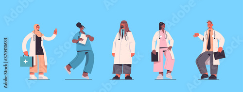 set male female doctors in uniform mix race medical workers collection healthcare medicine concept horizontal full length vector illustration