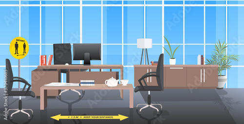 workplace desk with signs for social distancing yellow stickers coronavirus epidemic protection measures office interior horizontal vector illustration