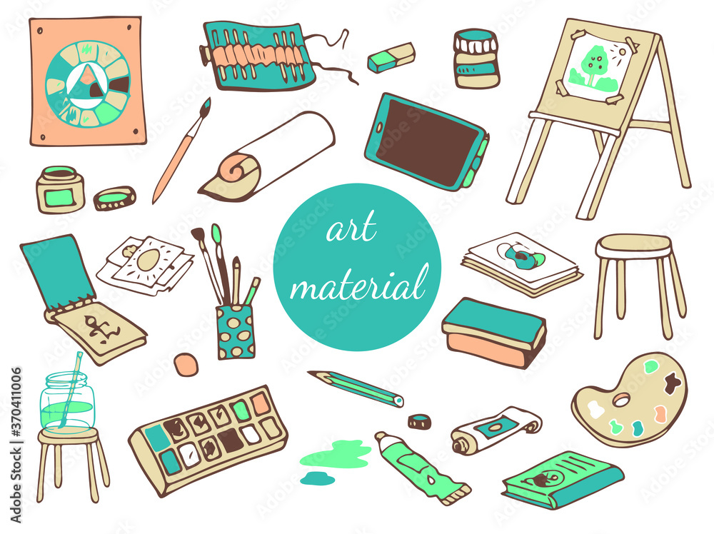 large set of art materials. Hand drawn outline drawings in color. Doodle. large set of art materials. Hand drawn outline drawings in color. Doodle.