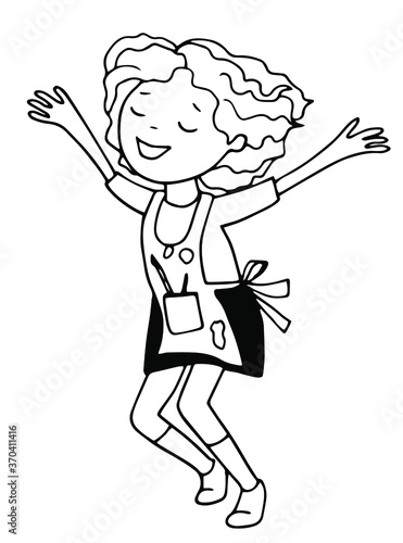 drawing of a girl artist who draws and rejoices, dances, raised her hands up, freehand drawing, black and white, contour, linear