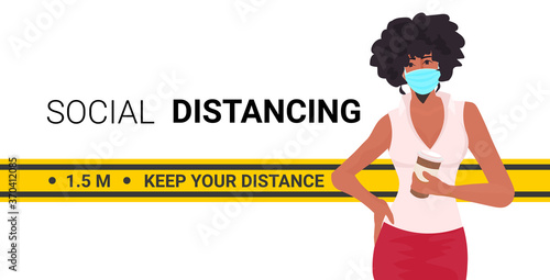 businesswoman wearing face mask keeping distance to prevent coronavirus epidemic self isolation social distancing concept portrait horizontal vector illustration