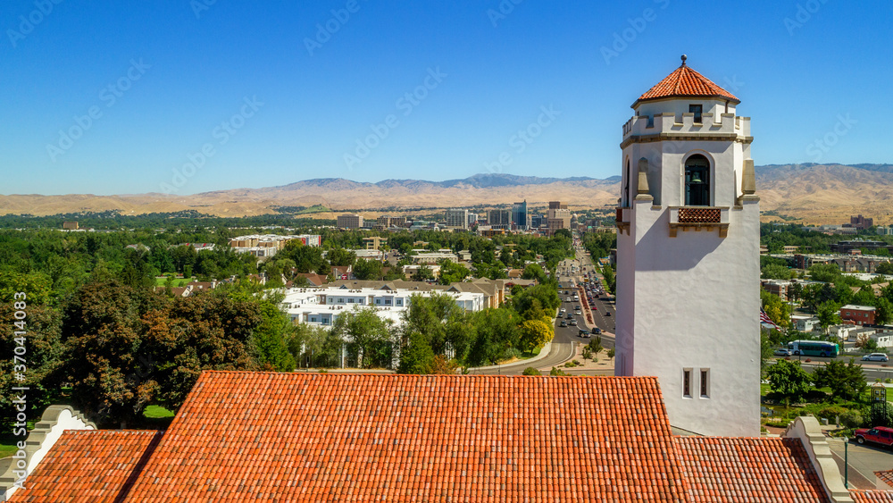 Fototapeta premium Close up of train depot clock tower with Boise in the background