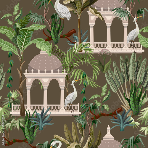 Photo Seamless pattern with ancient arbor and herons in the jungle