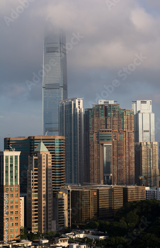 hong kong skyline with sunset